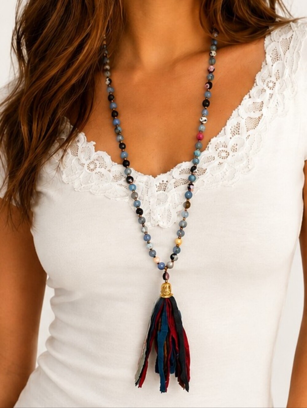 HANDMADE Matte Agate Czech Glass Bead Knotted Tassel Pendant Necklace